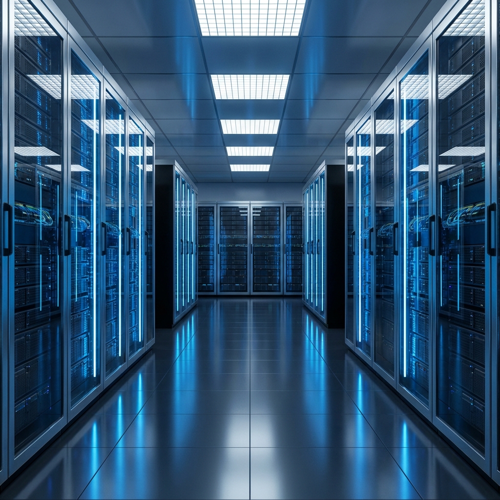 Futuristic data center server room with glowing blue lights and sleek hardware, photorealistic, 8k resolution, no people